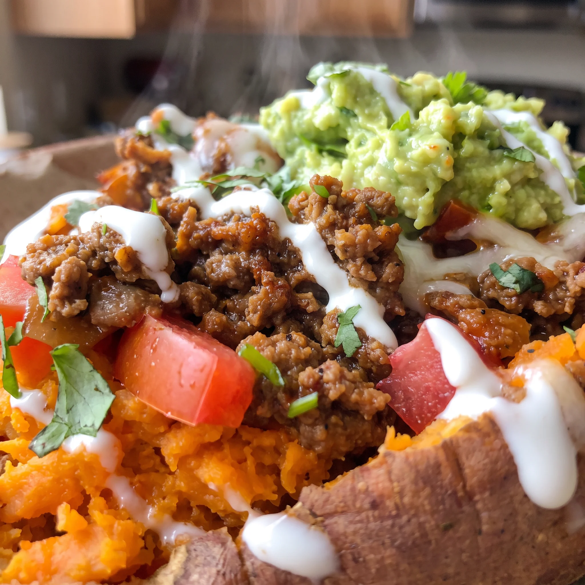 Melted shredded cheese over seasoned ground beef, with creamy avocado slices on orange sweet potato.