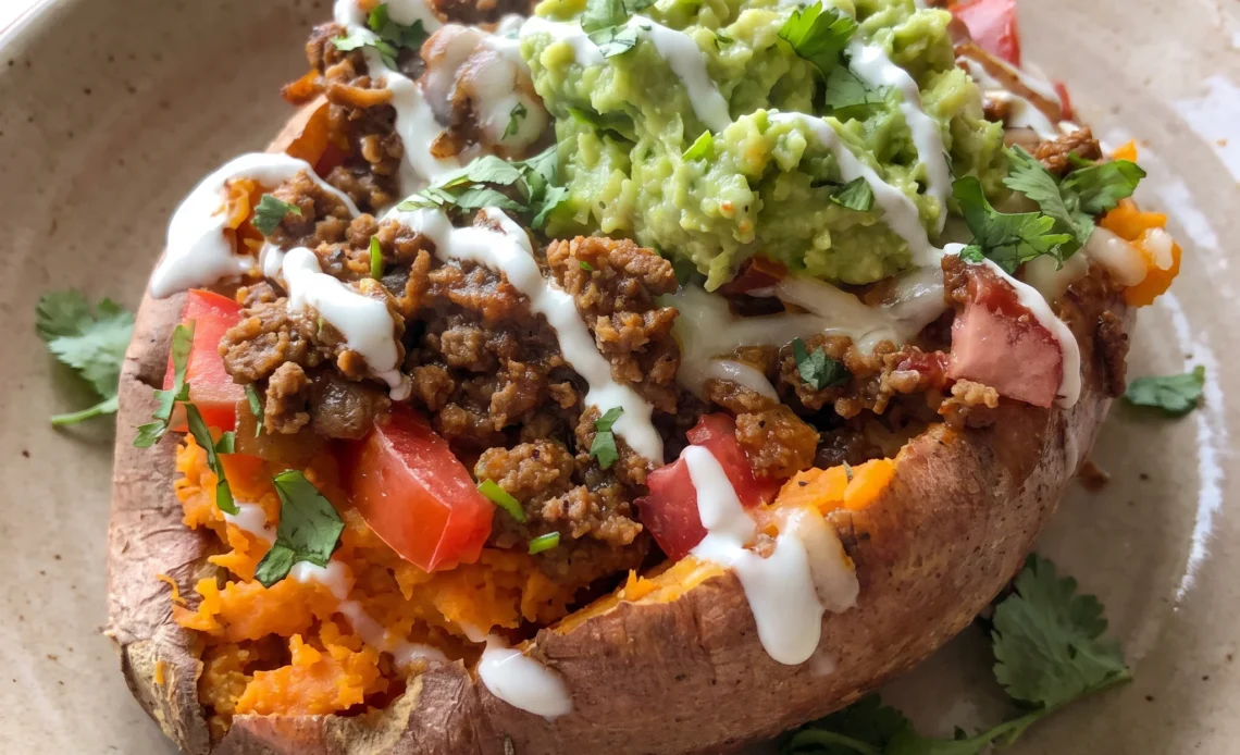 Sweet potato halves filled with ground beef, salsa, melted cheese, and avocado slices.