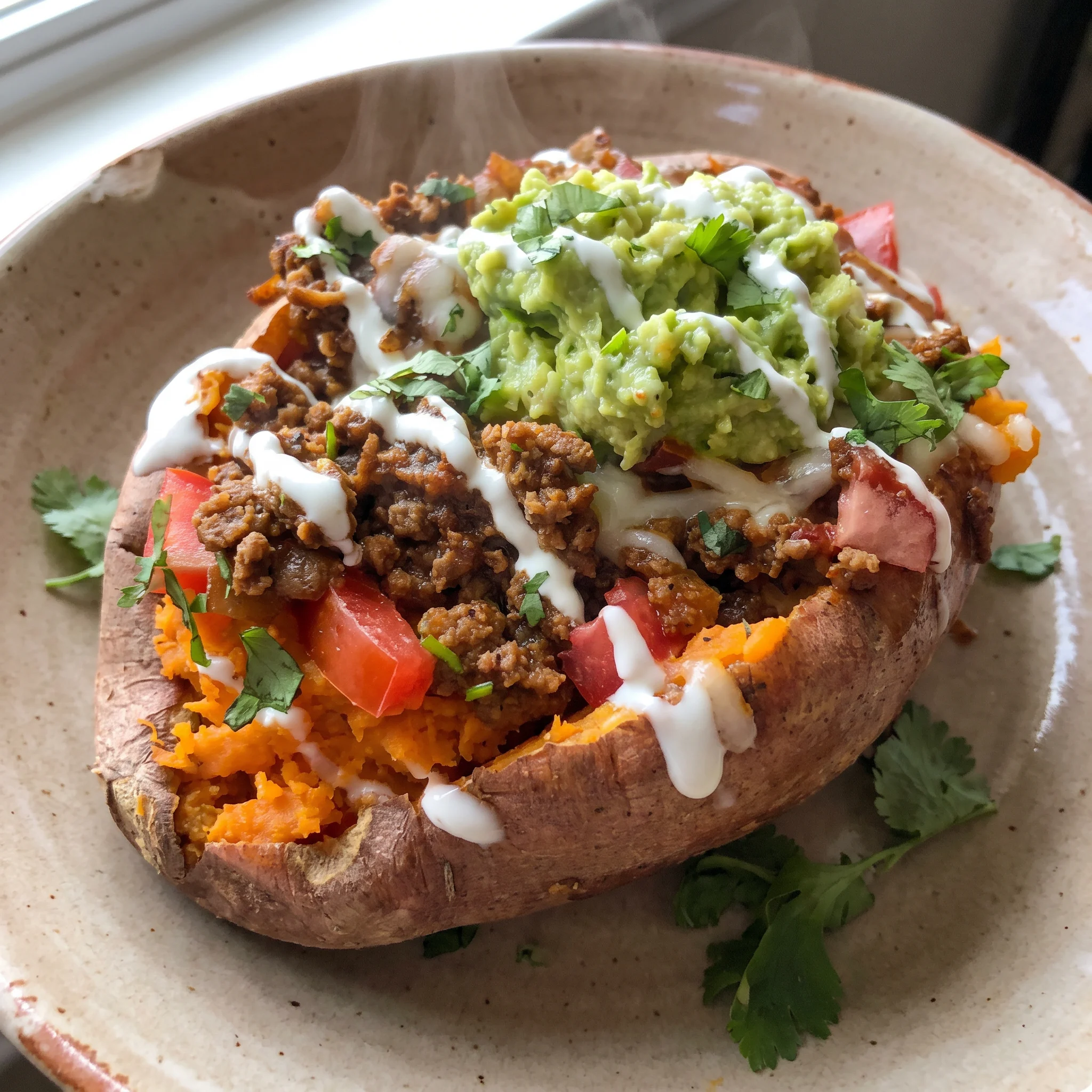Sweet potato halves filled with ground beef, salsa, melted cheese, and avocado slices.