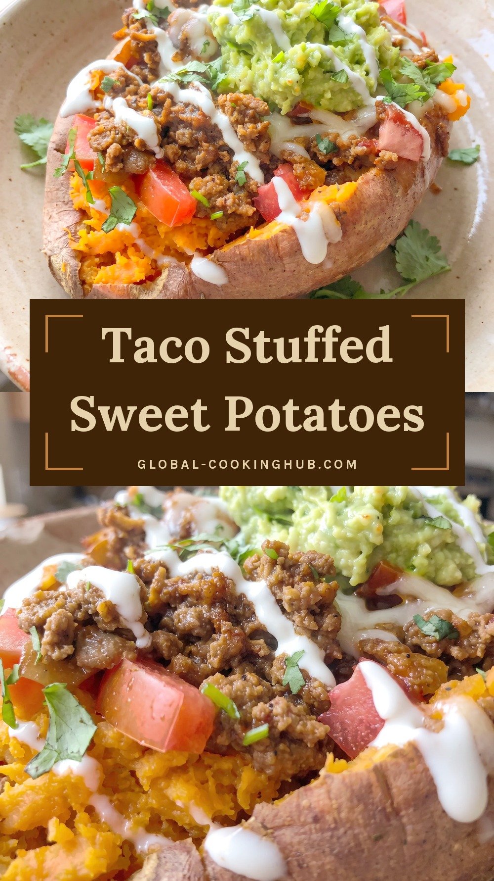 Baked sweet potato split open and stuffed with taco beef, diced tomatoes, guacamole and sour cream.