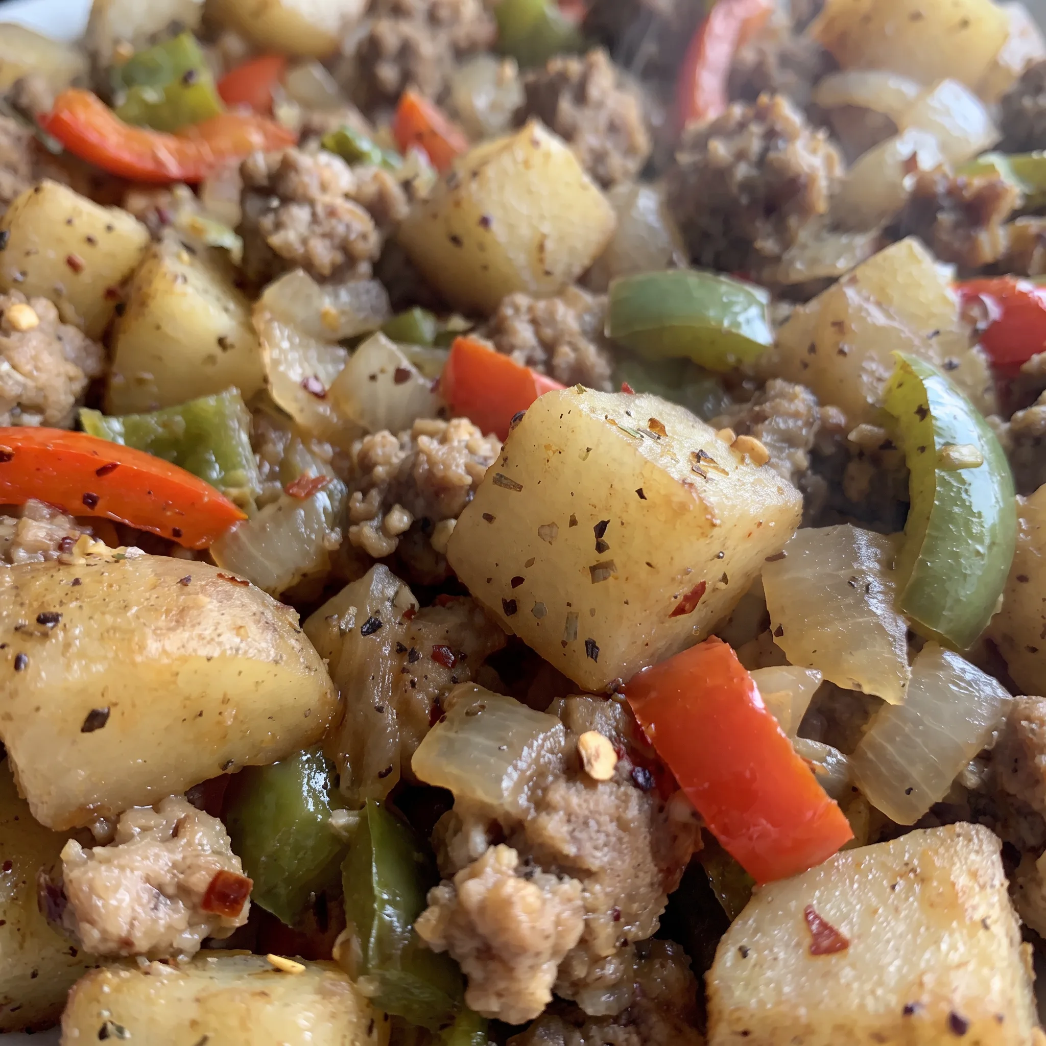 Golden browned potato cubes and vegan sausage slices with red and green bell peppers, onion, and jalapeño.