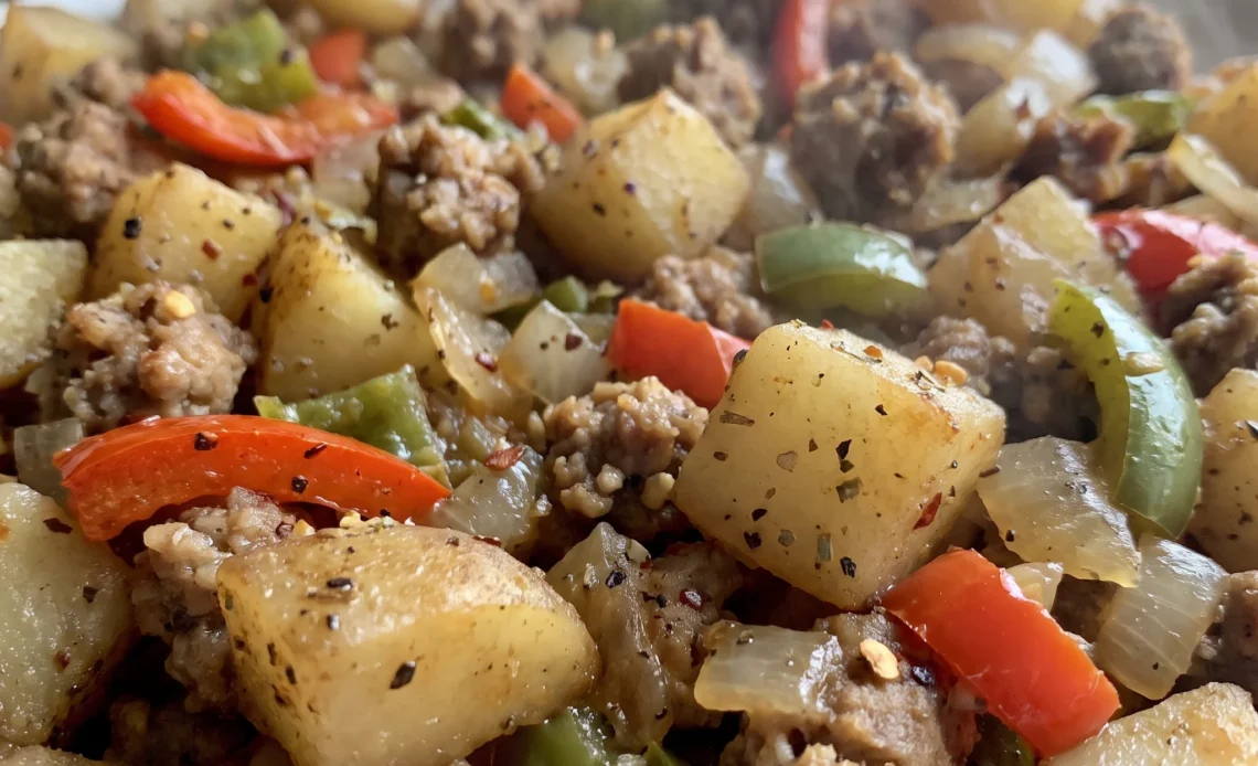 Vegan potato sausage skillet with cubed potatoes, sliced vegan breakfast sausage, bell peppers, onion, and jalapeño.