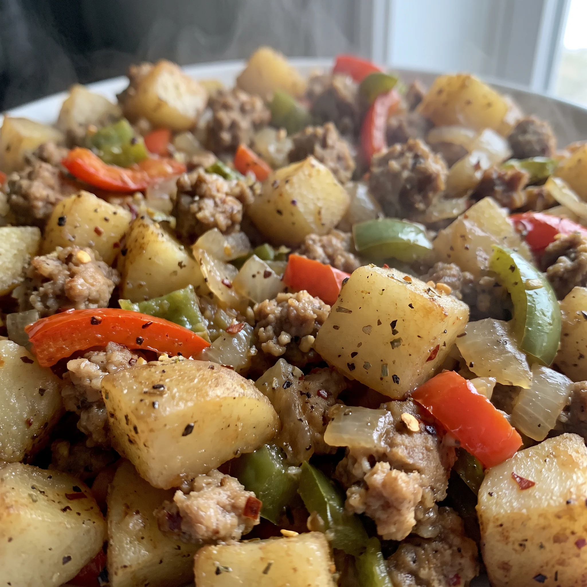 Vegan potato sausage skillet with cubed potatoes, sliced vegan breakfast sausage, bell peppers, onion, and jalapeño.