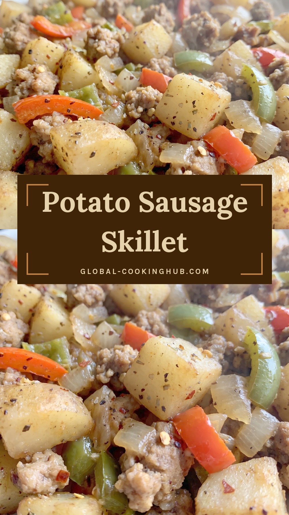 Skillet of diced potatoes, crumbled plant-based sausage, red and green peppers and onion.