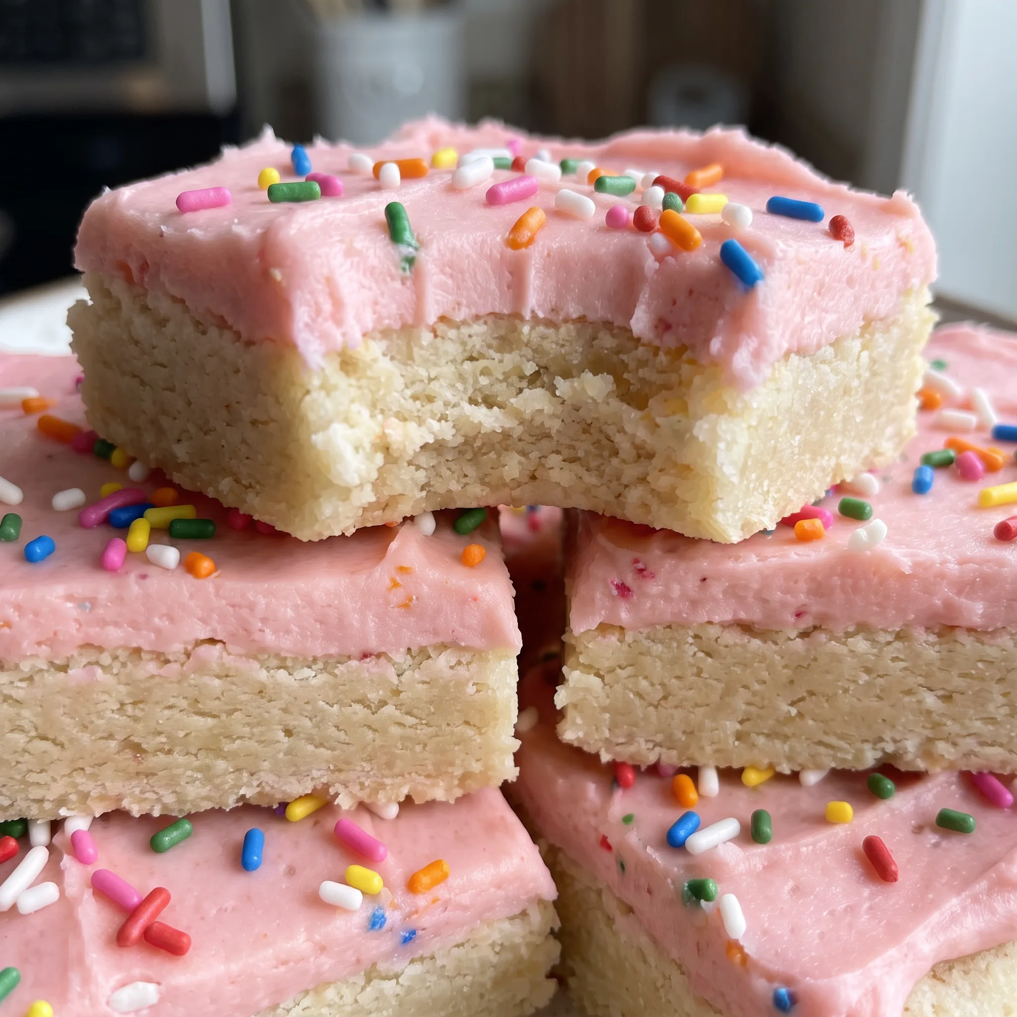 Thick pink buttercream frosting swirled with rainbow sprinkles on a soft vegan sugar cookie bar.