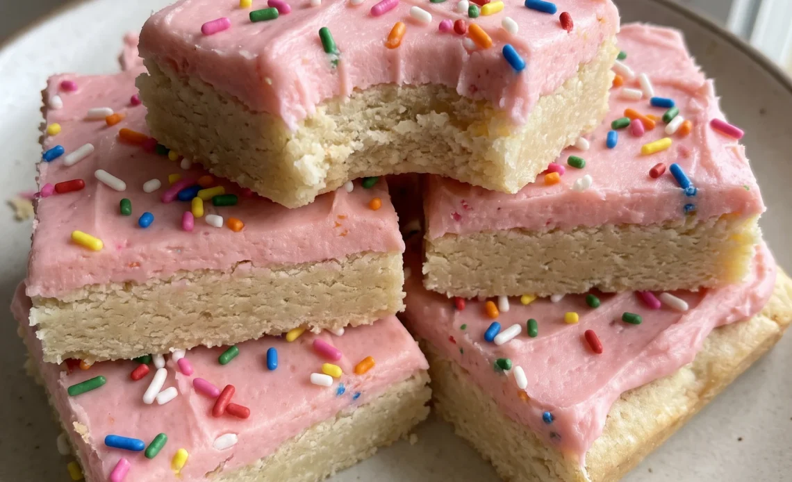 Vegan sugar cookie bars topped with pink buttercream frosting and colorful sprinkles, cut into squares.