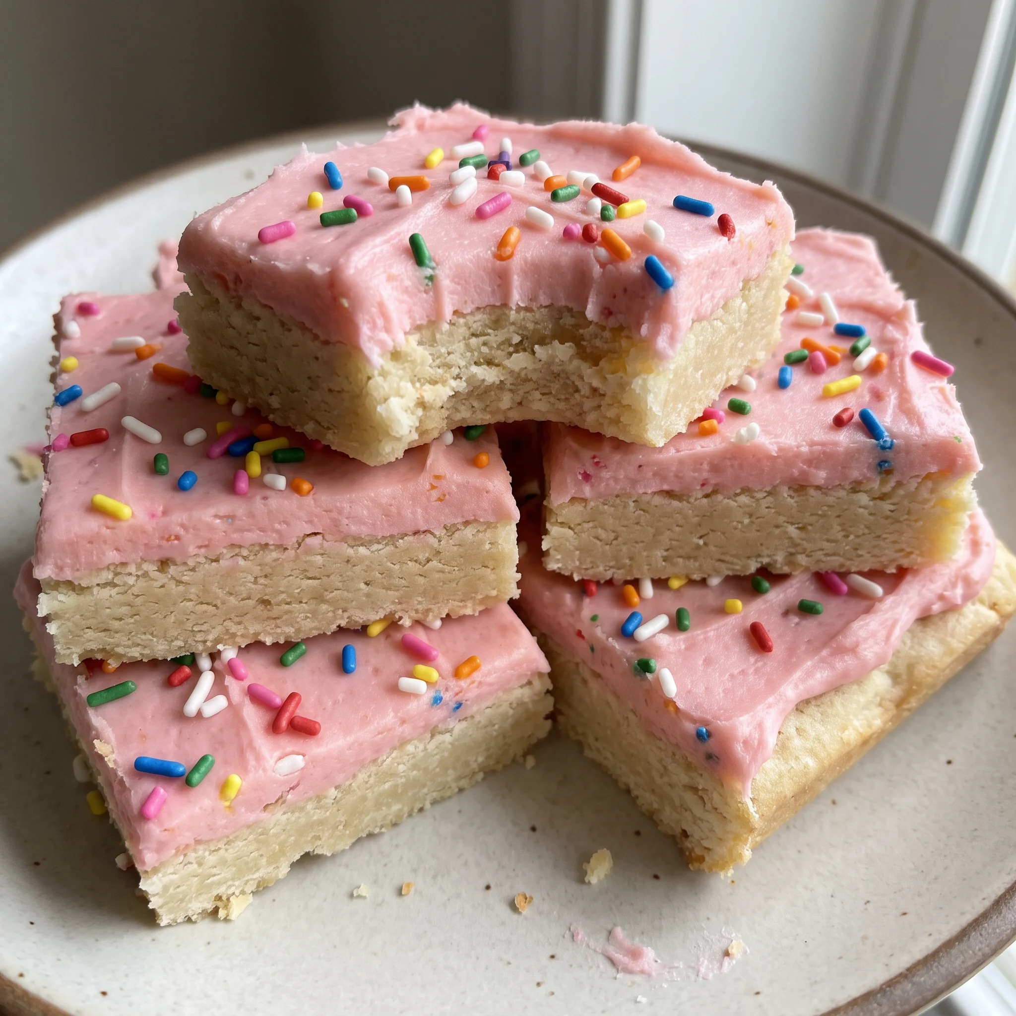 Vegan sugar cookie bars topped with pink buttercream frosting and colorful sprinkles, cut into squares.