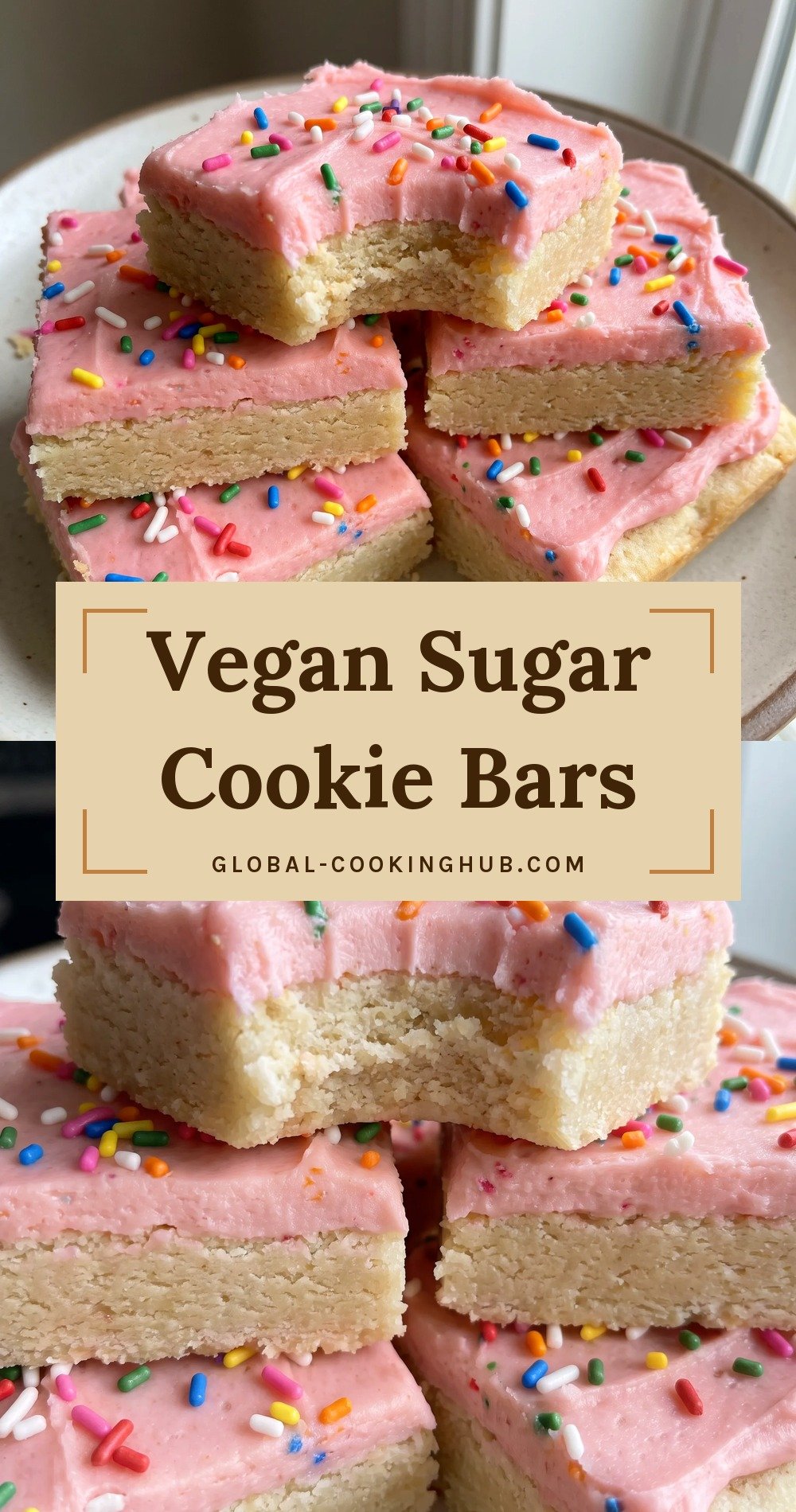 Pink buttercream frosting spread over soft vegan sugar cookie bars, topped with colorful sprinkles.
