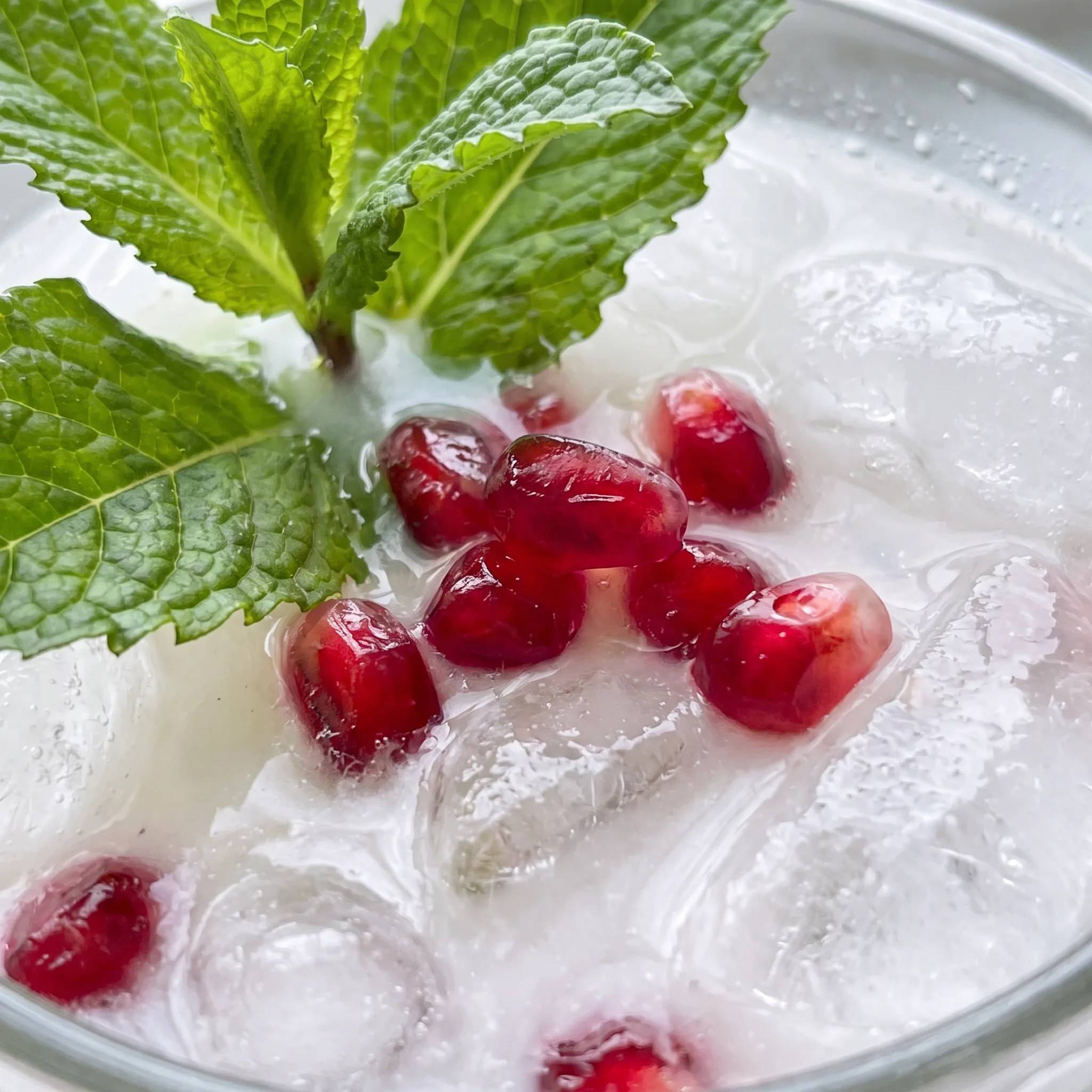 Creamy white coconut milk swirls with pale rum, green mint leaves, lime wedges, and red pomegranate arils.