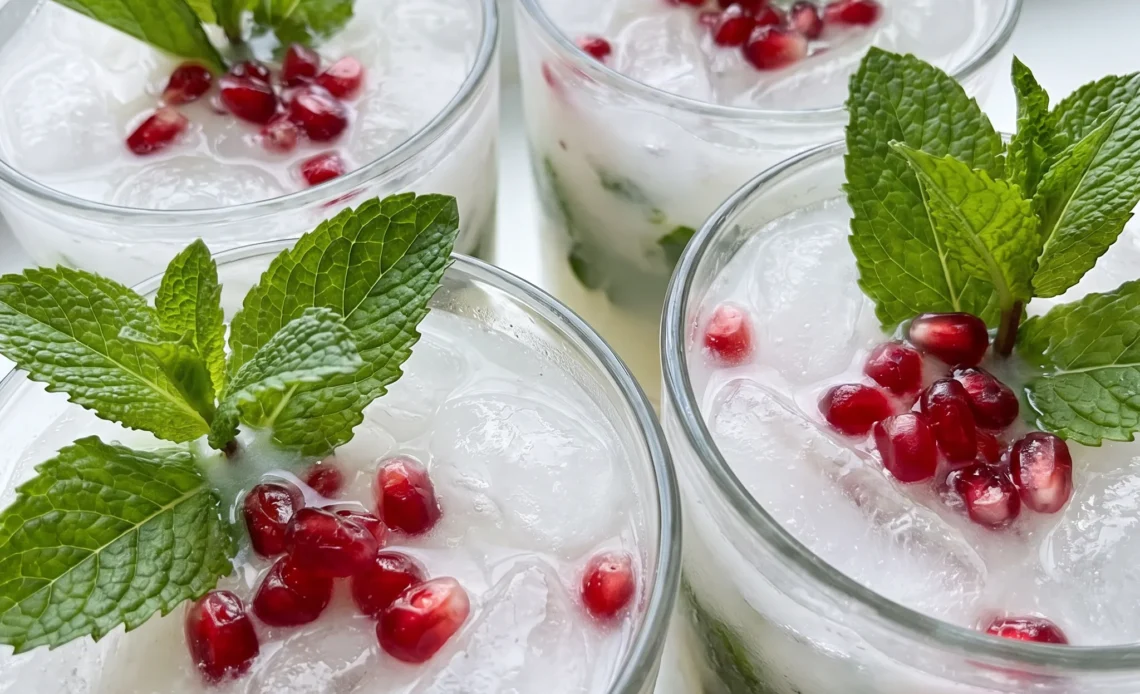 White Christmas Mojito in a glass with coconut milk, mint leaves, lime wedges, pomegranate arils, and white rum.