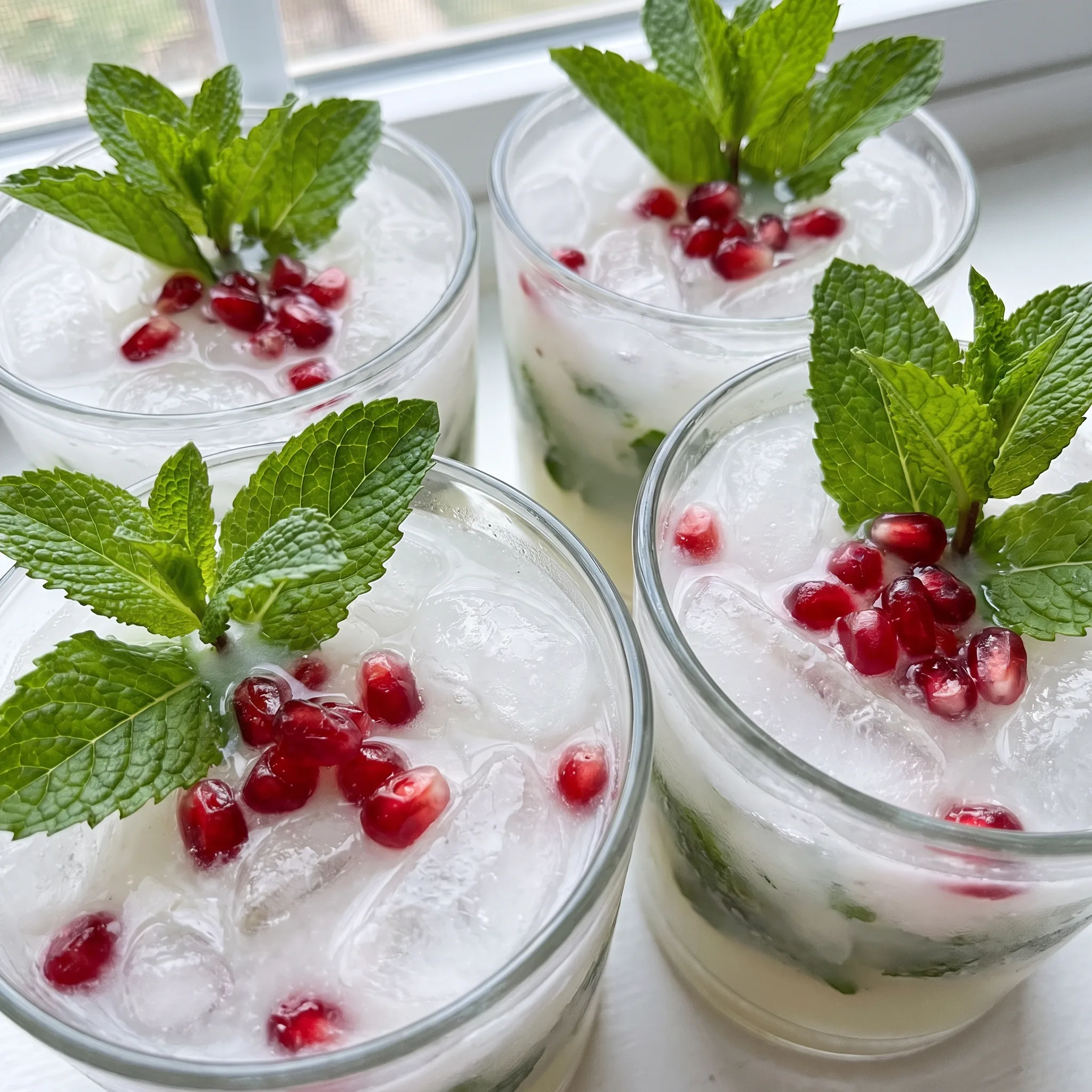 White Christmas Mojito in a glass with coconut milk, mint leaves, lime wedges, pomegranate arils, and white rum.