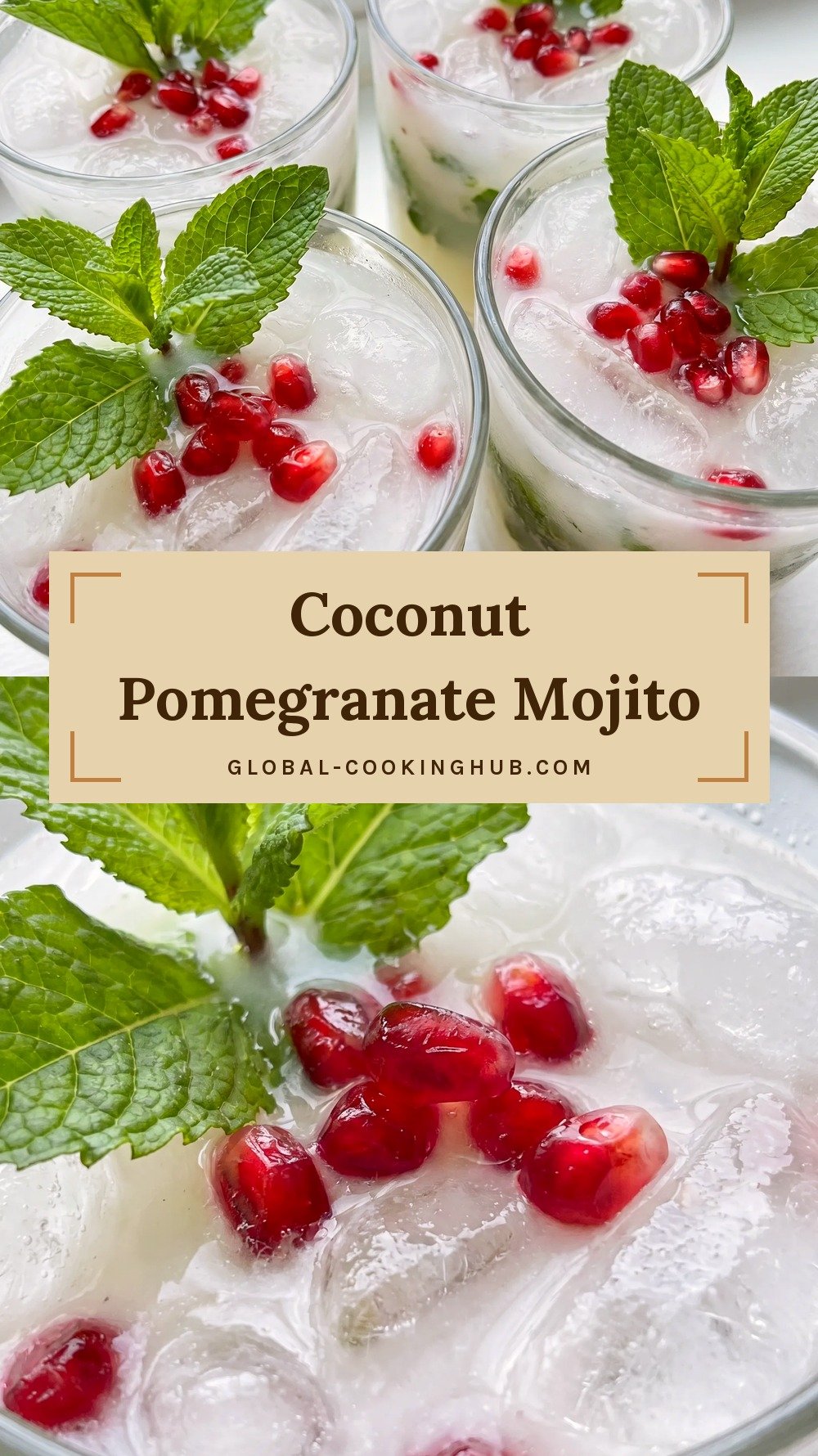 Short glasses of milky white mojito over ice with mint sprigs and pomegranate seeds.